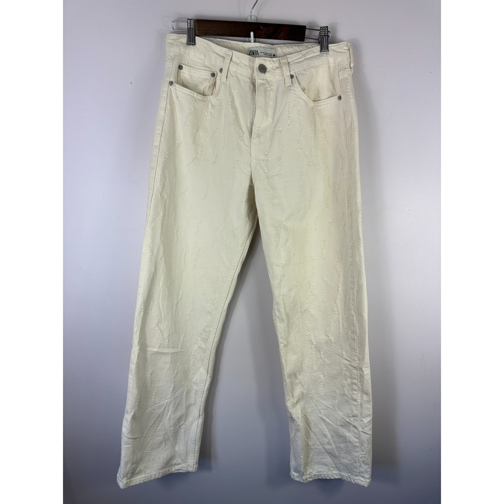 Zara High Rise Wide Leg Jeans Womens 8 Cream Off White Textured Clean Girl